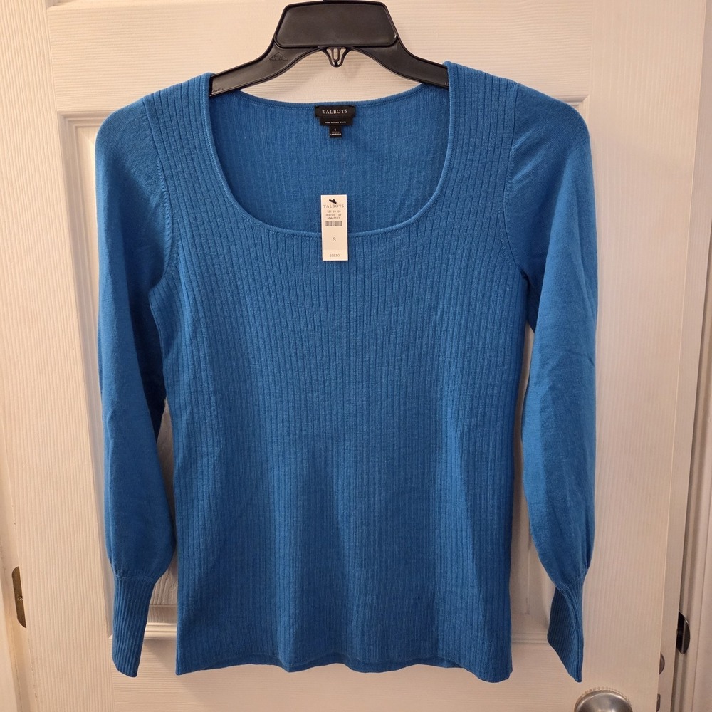 Talbots sz S blue merino wool blnd pullover tunic sweater NWT ribbed casual chic